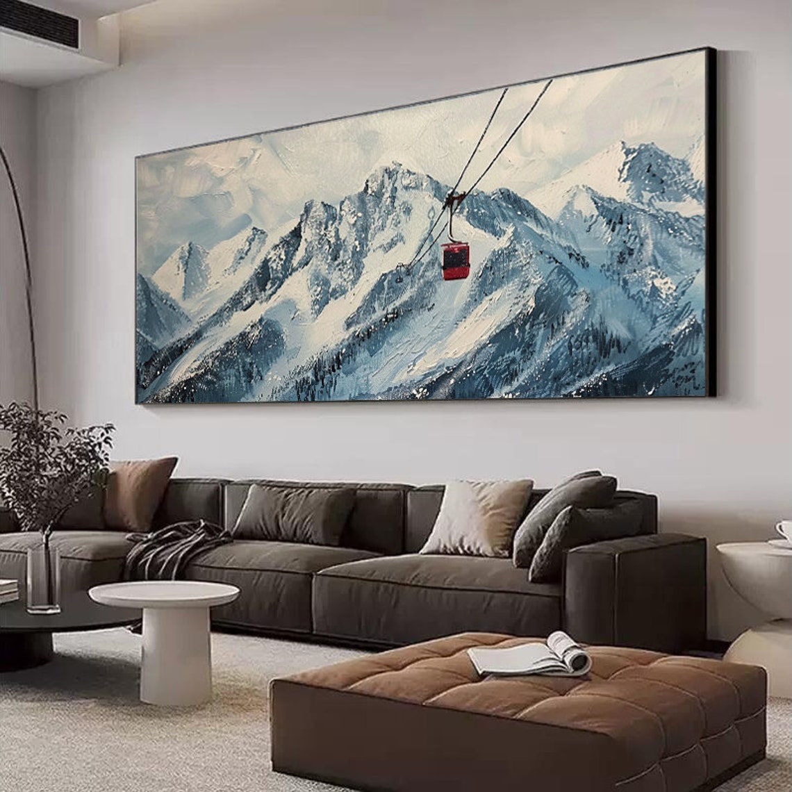 Serene Snowy Alpine Peaks With a Red Cable Car Winter Scene Poster - Image 2