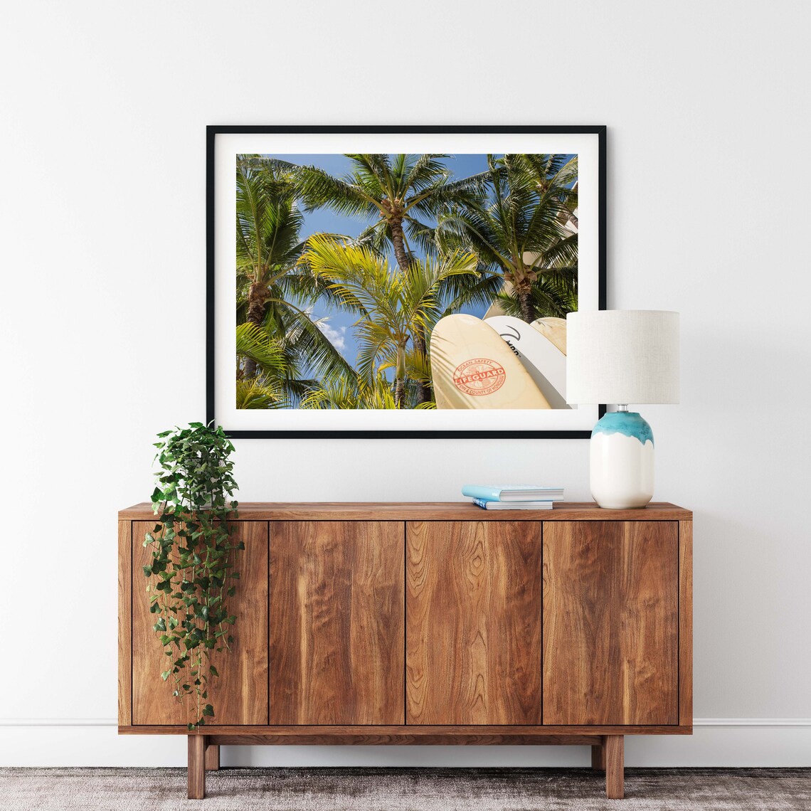 Lifeguard Surfboards Under Palm Trees Hawaii Beach Photography Poster - Image 2