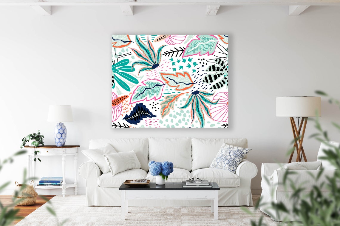 Hand Drawn Tropical Leaf Pattern in Teal Pink and Navy Poster - Image 2