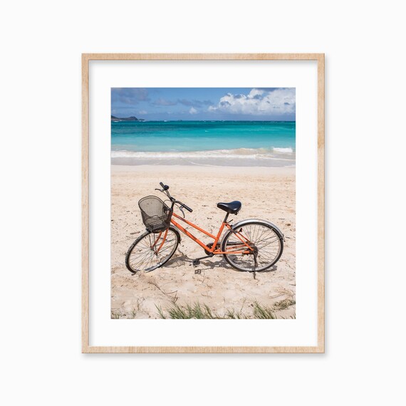 Orange Hawaiian Bike Beach Photo Art Print Blue Ocean Water Photo Large Poster Coastal Decor Vertical