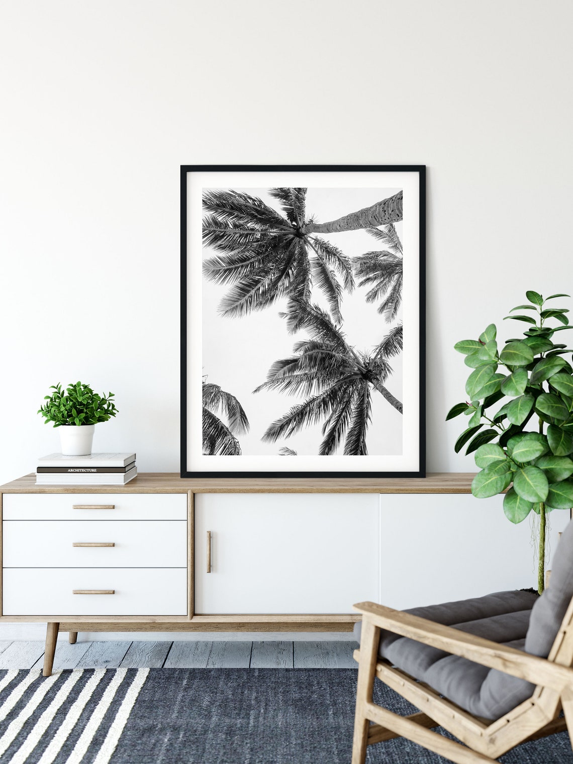 Black and White Upward Photo of Palm Tree Tops From Below Poster - Image 3