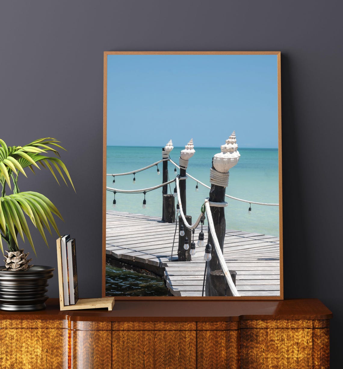 Wooden Pier Shell Topped Posts String Lights Turquoise Sea Poster - Image 3