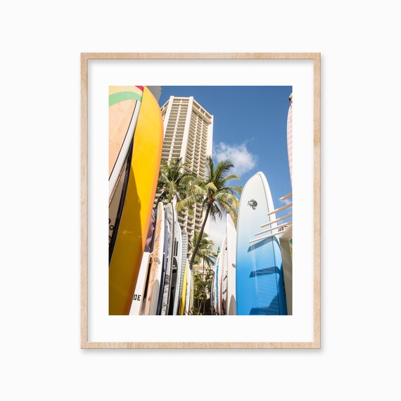 Surfboard Wall Art Coastal Palm Print Surf Photography Beach Home Wall Decor Waikiki Travel Poster Fathers Day Gift