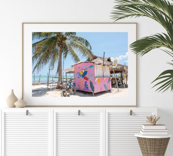 Pink Beach Hut Art Print, Isla Holbox Beach Scene