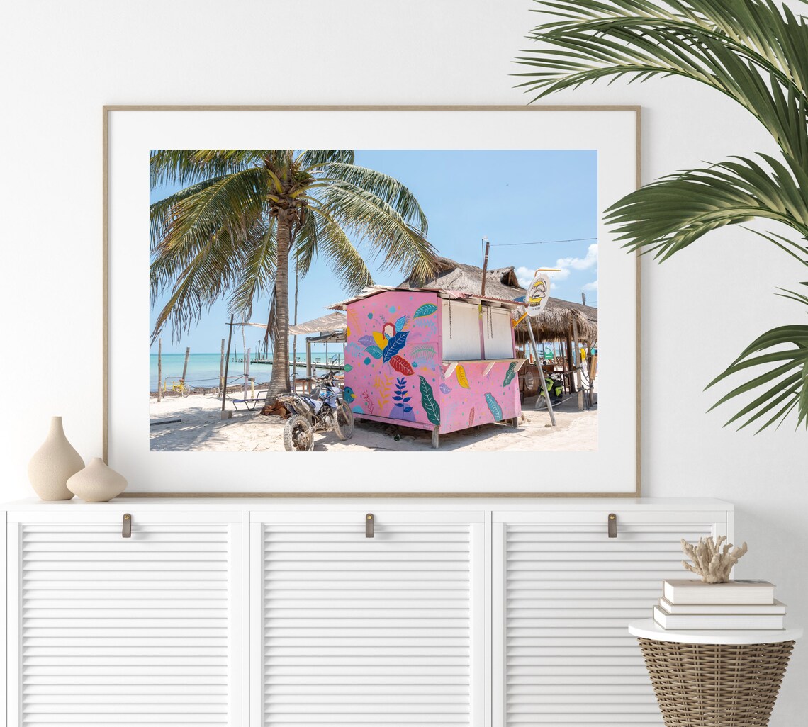 Pink Beach Hut Art Print, Isla Holbox Beach Scene