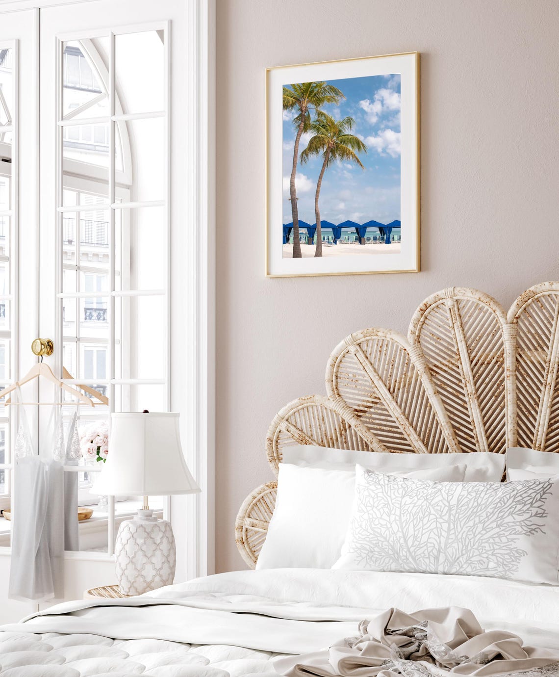 Leaning Palm Trees and Blue Beach Cabanas by the Ocean Poster - Image 2