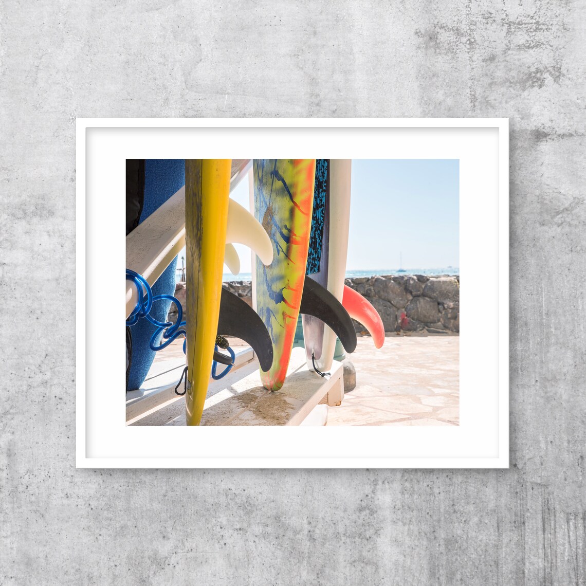 Colorful Surfboards on Beach Rack Fins Close Up Surf Shop Photography Poster - Image 3