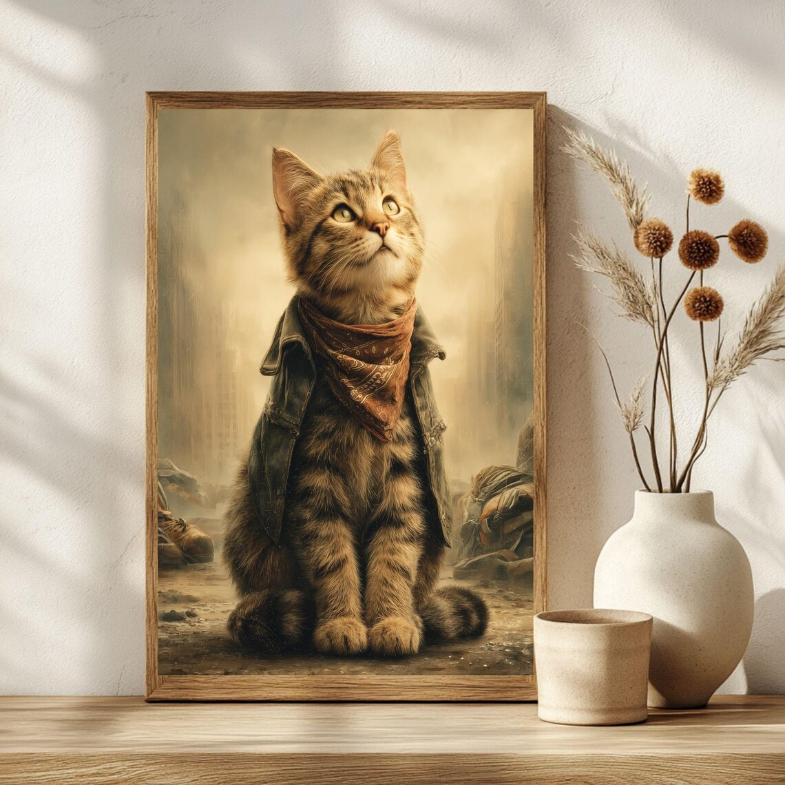 Rugged Survivor Cat in Jacket and Bandana Ruined Street Poster - Image 2