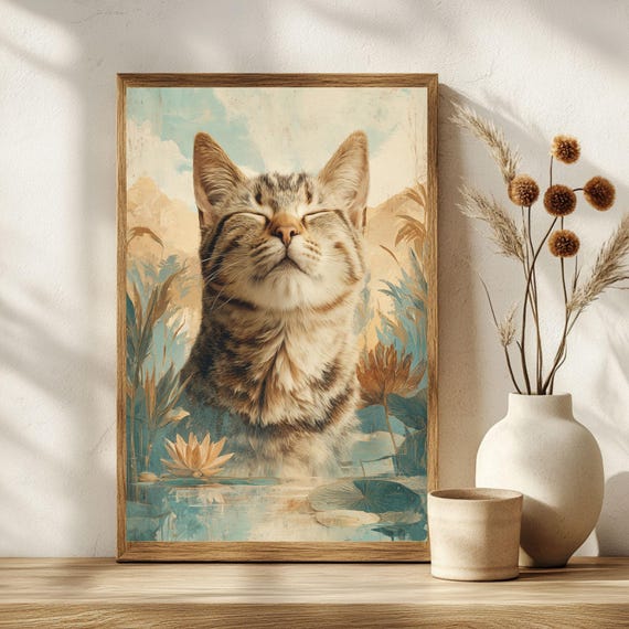 Zen Cat Art Print Surreal Zeninspired Poster Meditation Decor Gift Calming Wall Instant