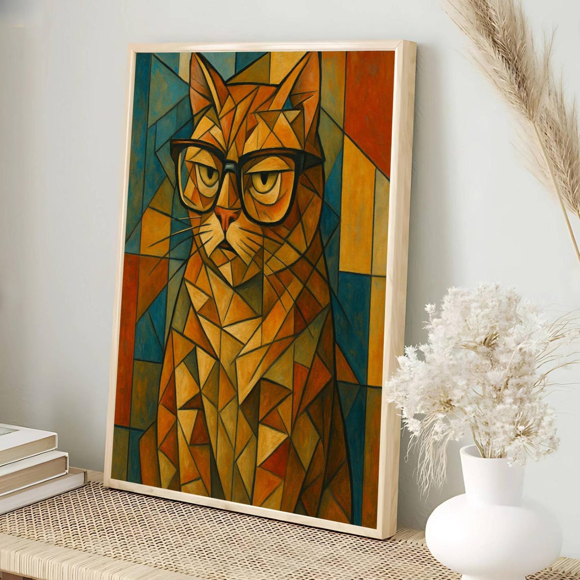 Orange Cubist Cat Portrait With Glasses Geometric Modern Poster - Image 4