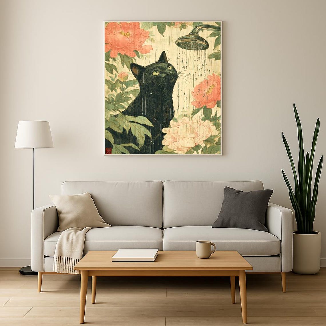 Elegant Black Cat in Peony Rain Japanese Ukiyoe Style Art Poster - Image 3