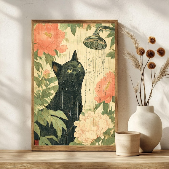 Elegant Black Cat in Peony Rain Japanese Ukiyoe Style Art Poster