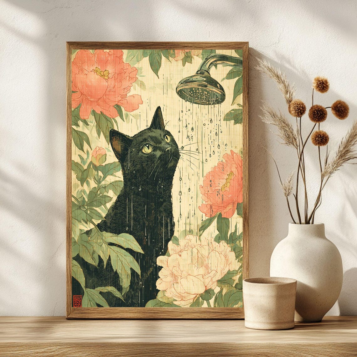 Elegant Black Cat in Peony Rain Japanese Ukiyoe Style Art Poster