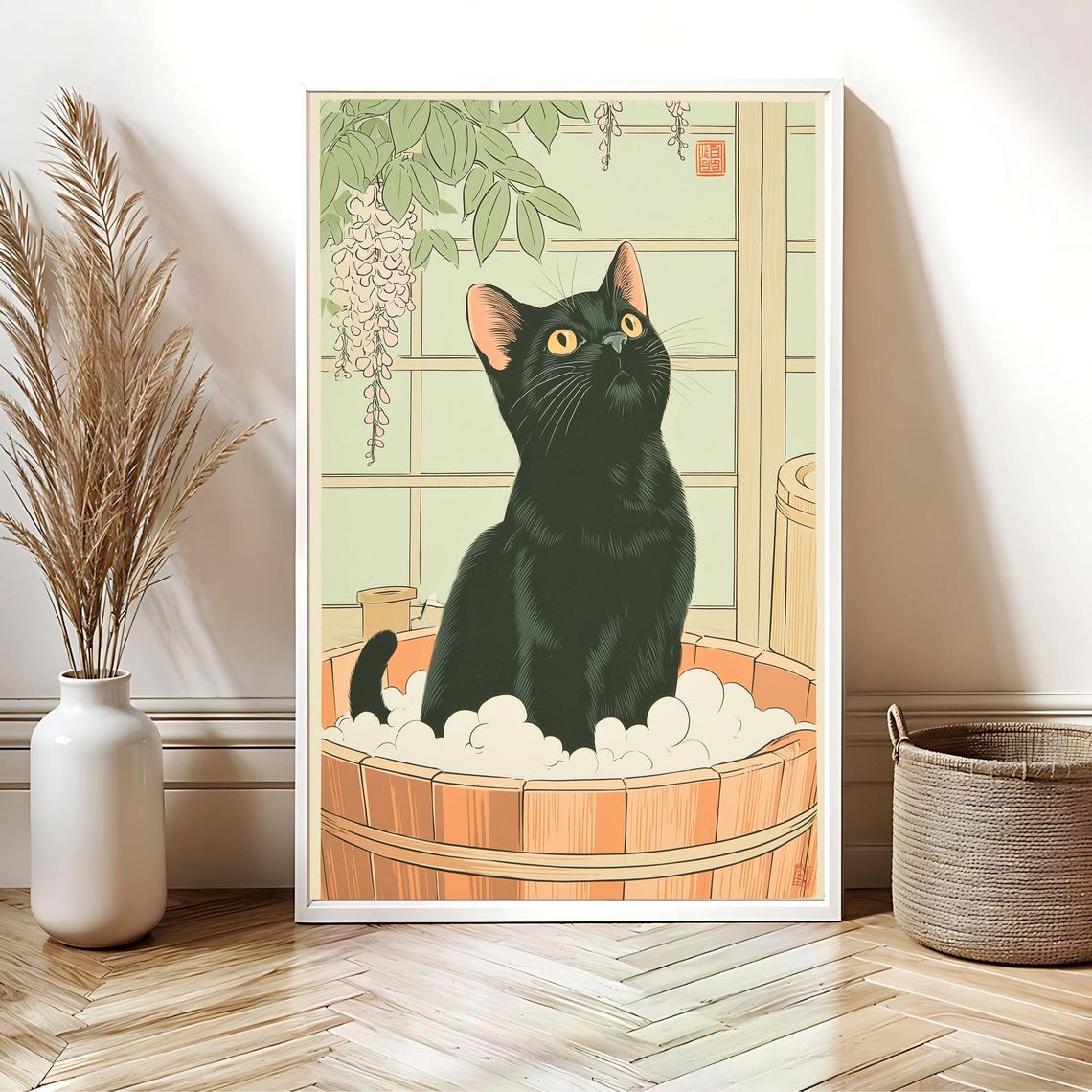 Black Cat in Bubble Bath Japanese Woodblock Style Wisteria Poster