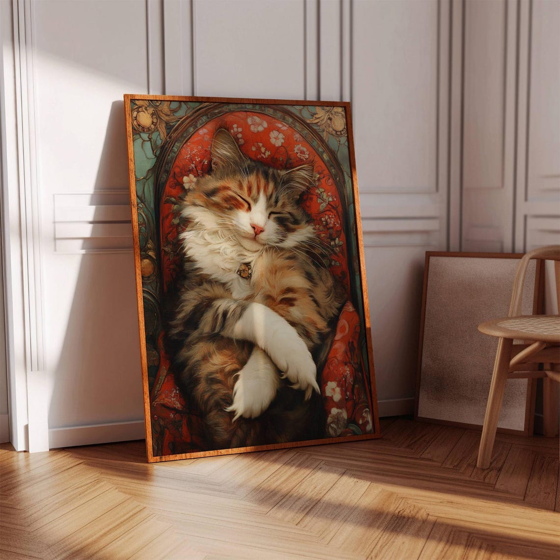 Sleeping Long Haired Cat Art Nouveau Style Floral Arch Poster - Image 2