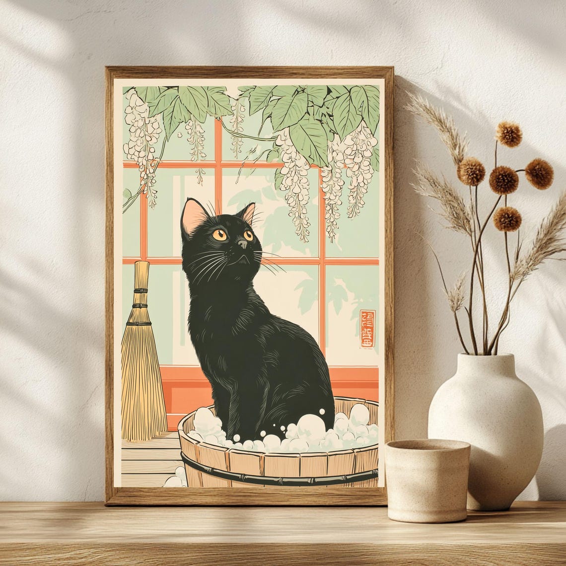 Black Cat Bubble Bath Zen Japanese Woodcut Style Wisteria Poster - Image 3