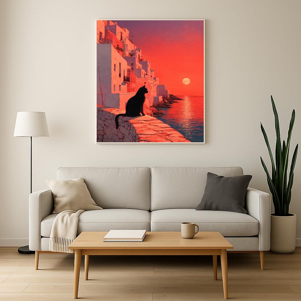 Santorini Sunset Black Cat Silhouette Red Sky Coastal Art Poster - Image 2