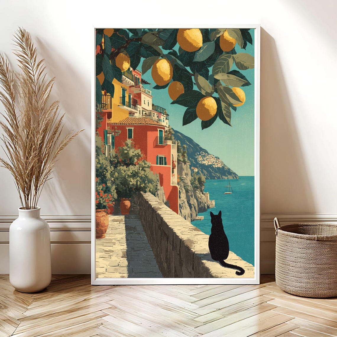 Black Cat on Coastal Wall Amalfi Lemon Tree Travel Art Poster