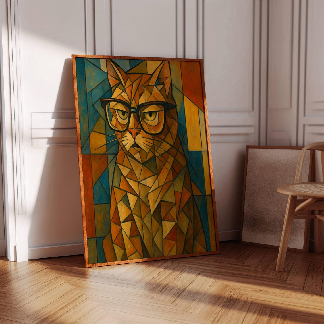 Orange Cubist Cat Portrait With Glasses Geometric Modern Poster - Image 2