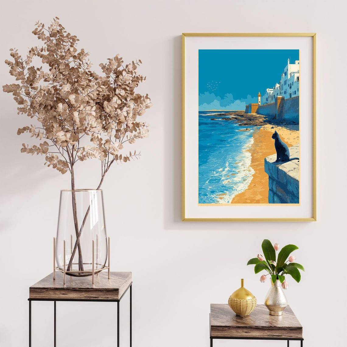 Black Cat on Coastal Fortress Wall Beach Sea View Art Poster - Image 2