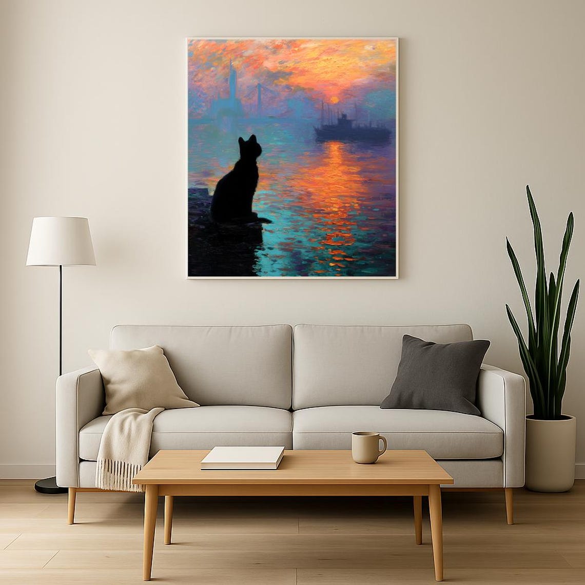 Black Cat Silhouette Watching Sunrise Harbor Monet Style Poster - Image 3