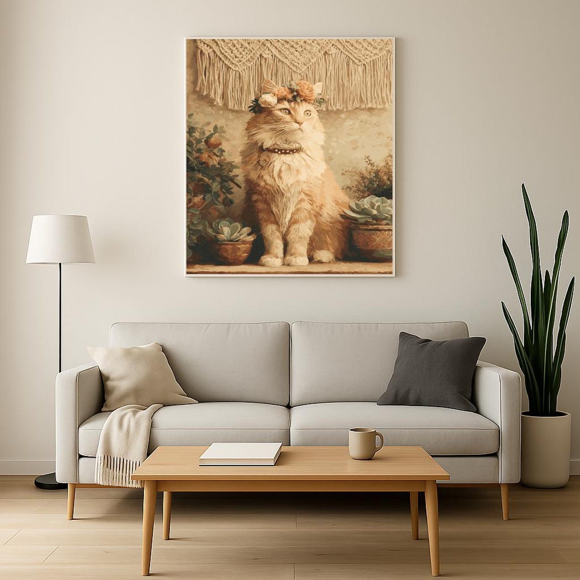 Long Haired Boho Cat With Flower Crown Succulents Art Poster - Image 2