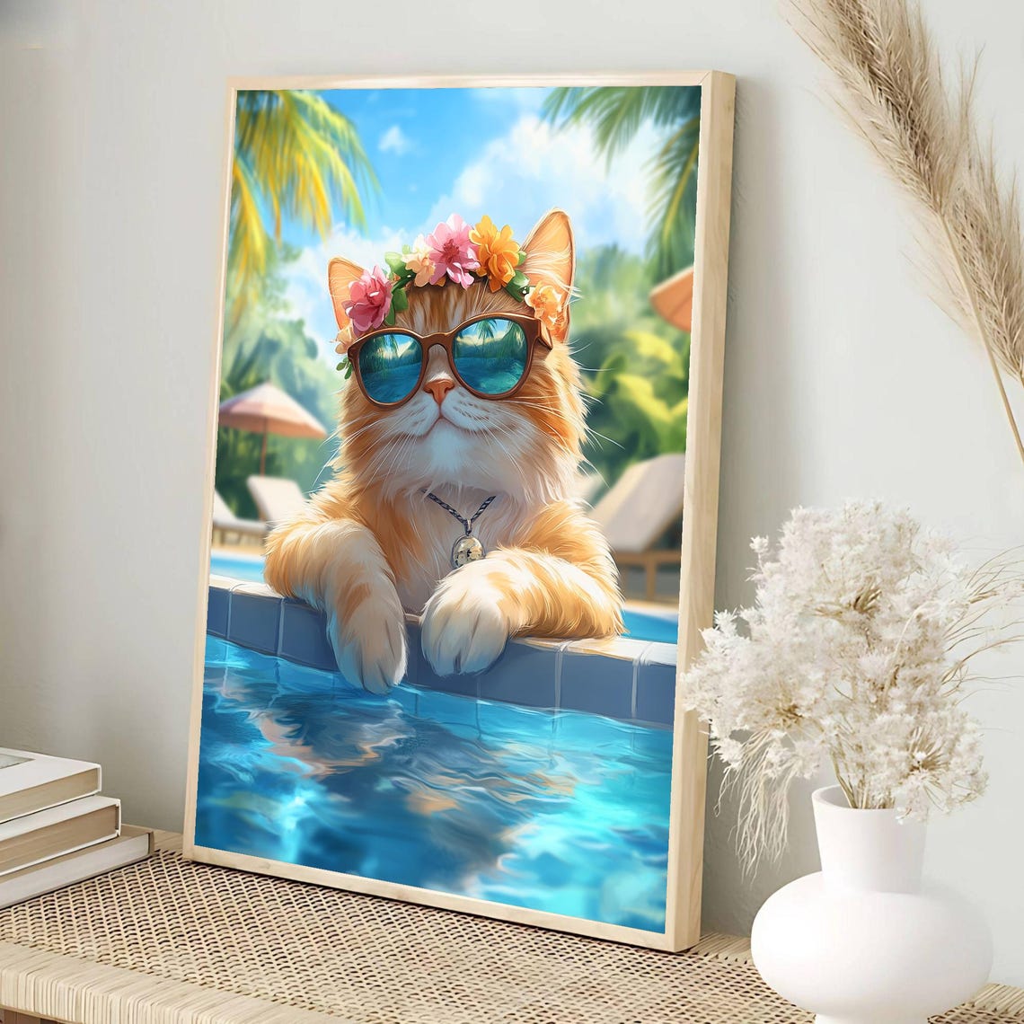 Cool Orange Cat With Sunglasses at Tropical Pool Party Poster - Image 3