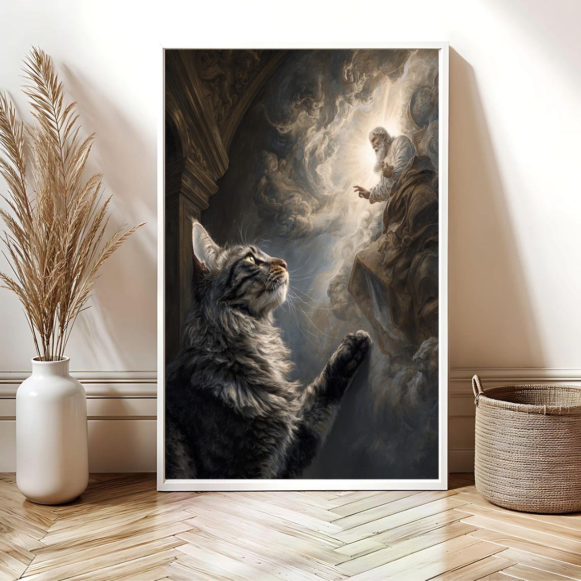 Tabby Cat Meets God Michelangelo Sistine Chapel Style Poster - Image 2