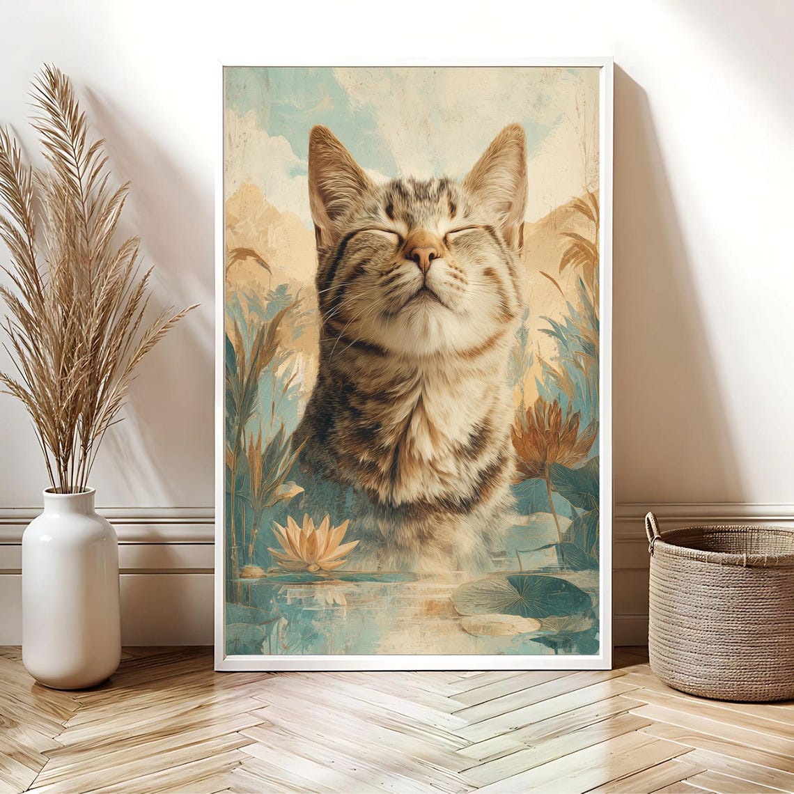 Meditating Tabby Cat Lotus Pond Serene Botanical Wall Poster - Image 2