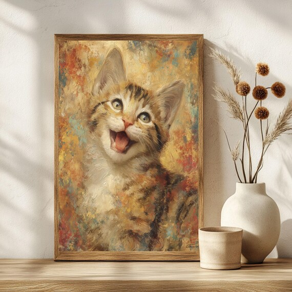 Happy Laughing Tabby Kitten Painterly Portrait Cat Art Poster