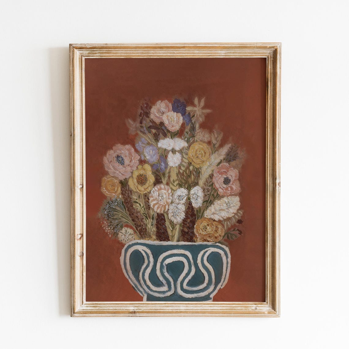 Wildflower Bouquet Teal Vase Rust Backdrop Vintage Still Life Poster