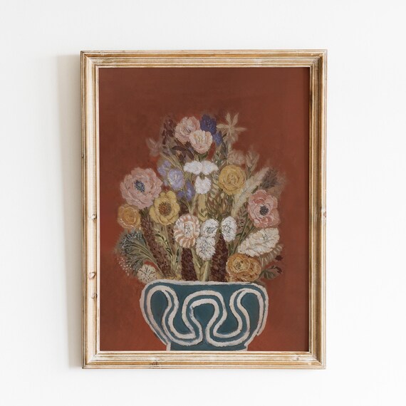Wildflower Bouquet Teal Vase Rust Backdrop Vintage Still Life Poster
