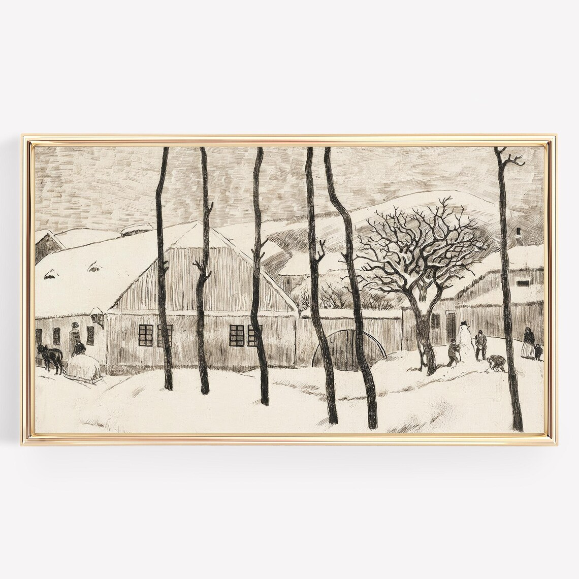 Vintage Sepia Winter Village Snowy Barn Horse Sleigh Drawing Poster - Image 3