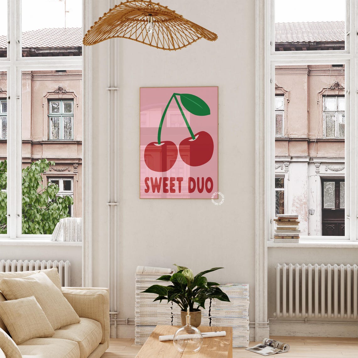 Sweet Duo Red Cherry Illustration Poster Pink Trendy Fruit Kitchen - Image 2