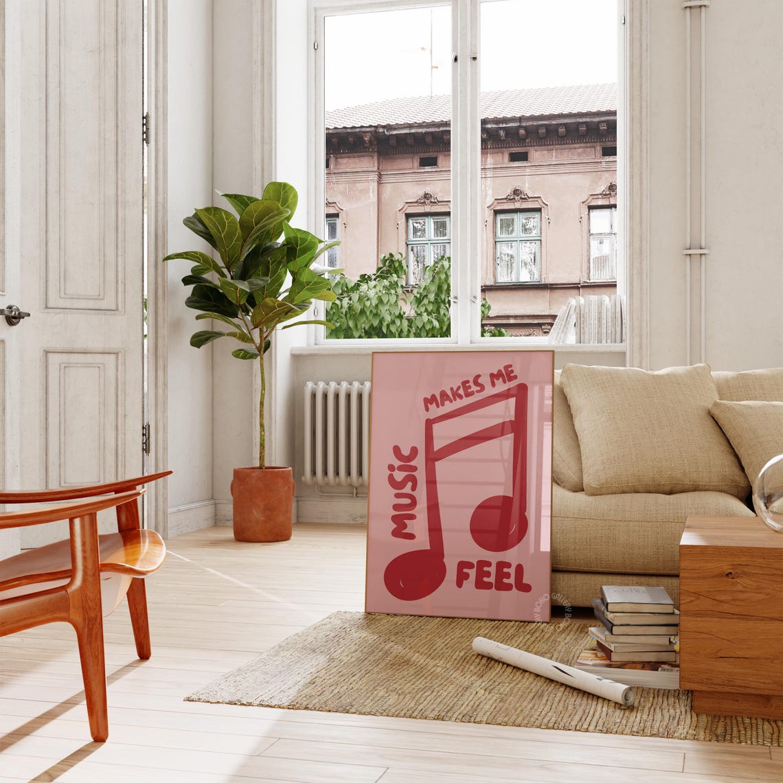 Music Makes Me Feel Big Red Note Pink Retro Typography Poster - Image 3