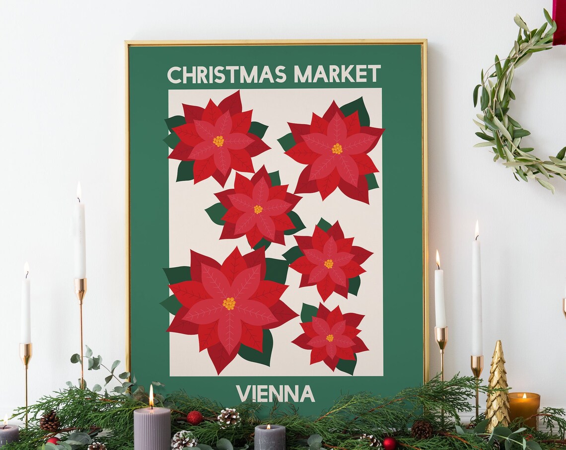 Vienna Christmas Market Red Poinsettia Holiday Travel Poster