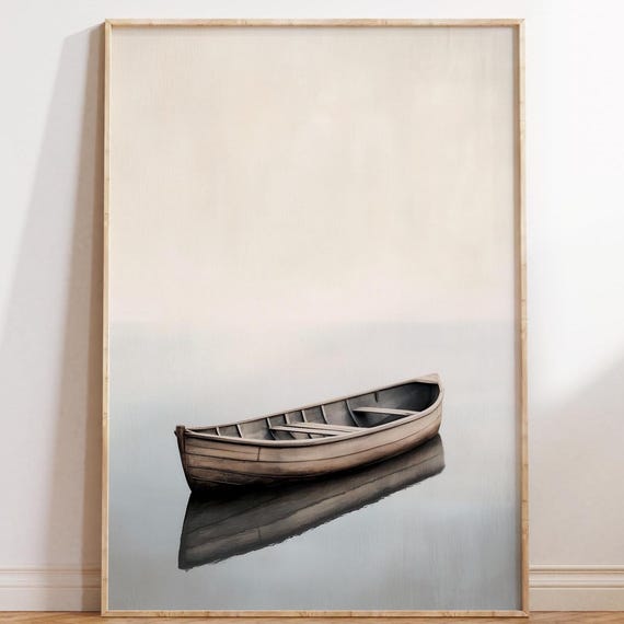 Still Waters Rowboat Japandi Minimalist Wall Art Zen Lake Print Wabi Sabi Decor Tranquil Scandinavian Art Meditation Print
