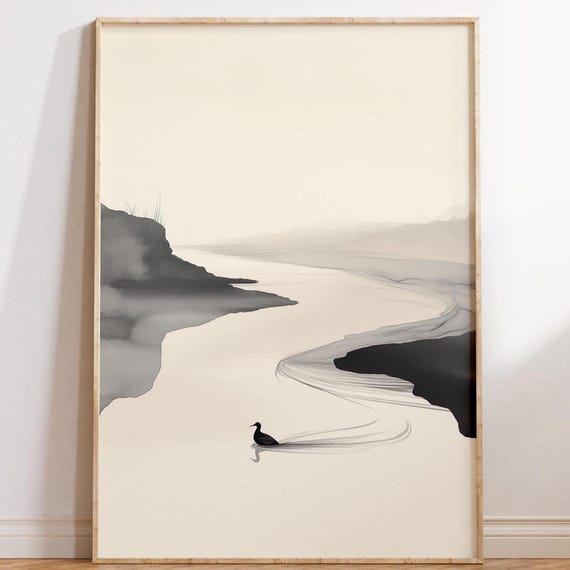 Serene River Flow Wall Art Japandi Minimalist Wall Art Wabi Sabi Print Zen Landscape Tranquil Nature Painting Meditation Decor