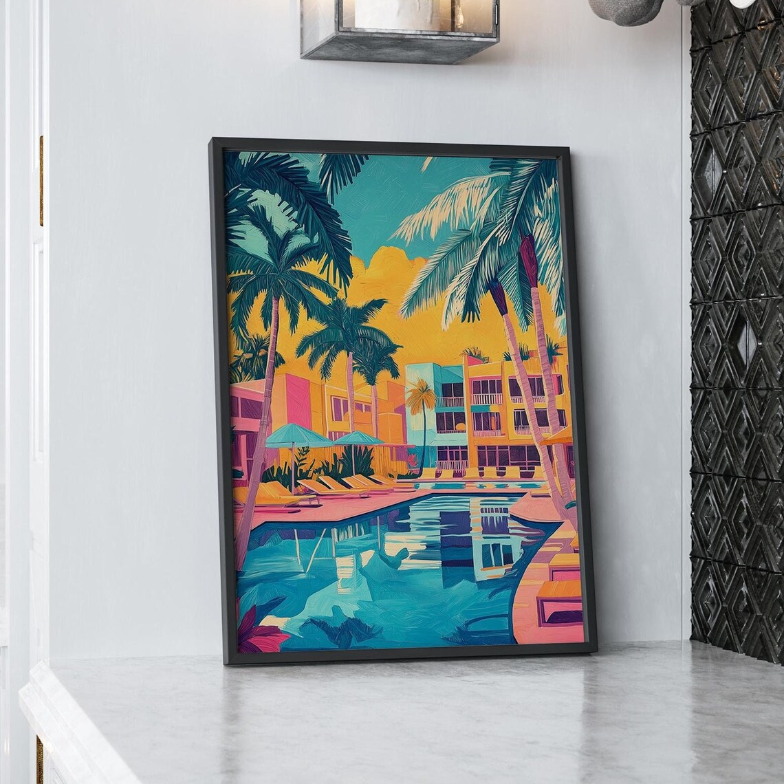 Miami Florida Vibrant Tropical Resort Pool Palm Trees Travel Poster
