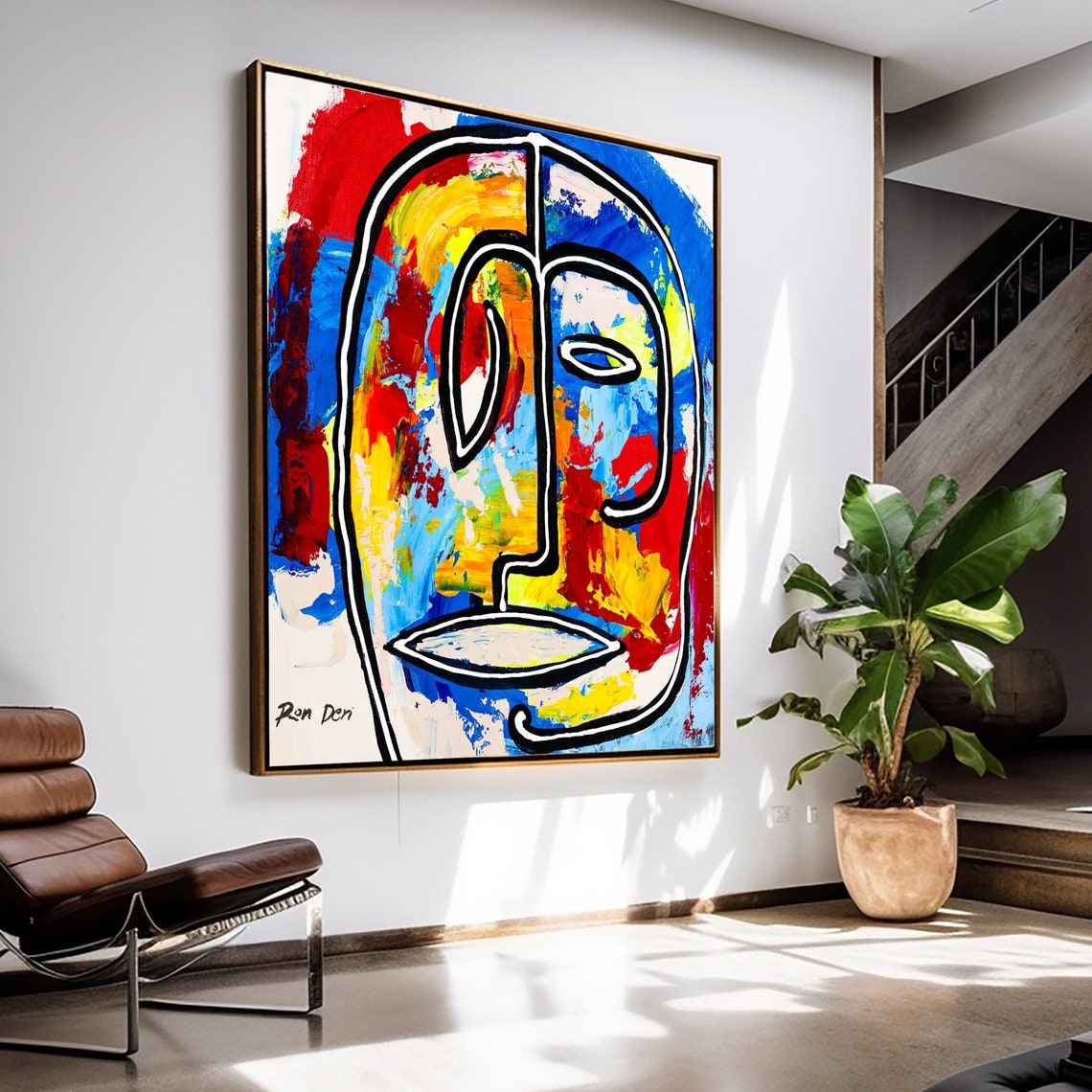 Bold Red Blue Yellow Face Square Abstract Line Portrait Poster
