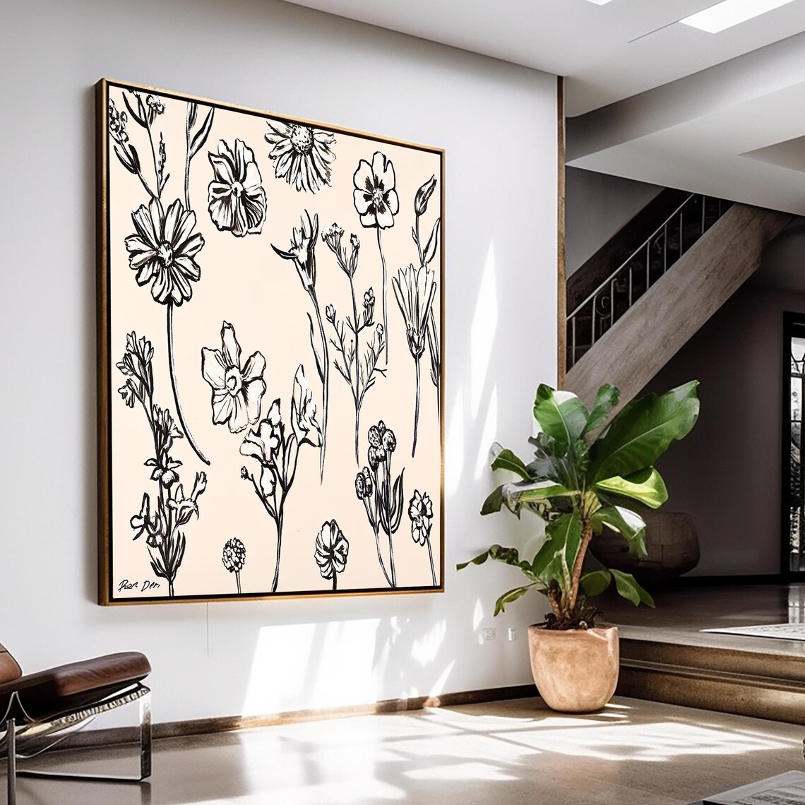 Cream Wildflower Line Sketch Poster Black Botanical Floral Drawing