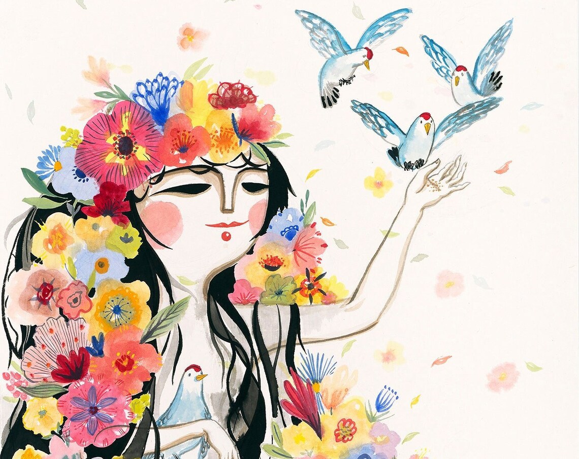 Flowers Girl Art Print, Chinese Painting Decor - Image 3