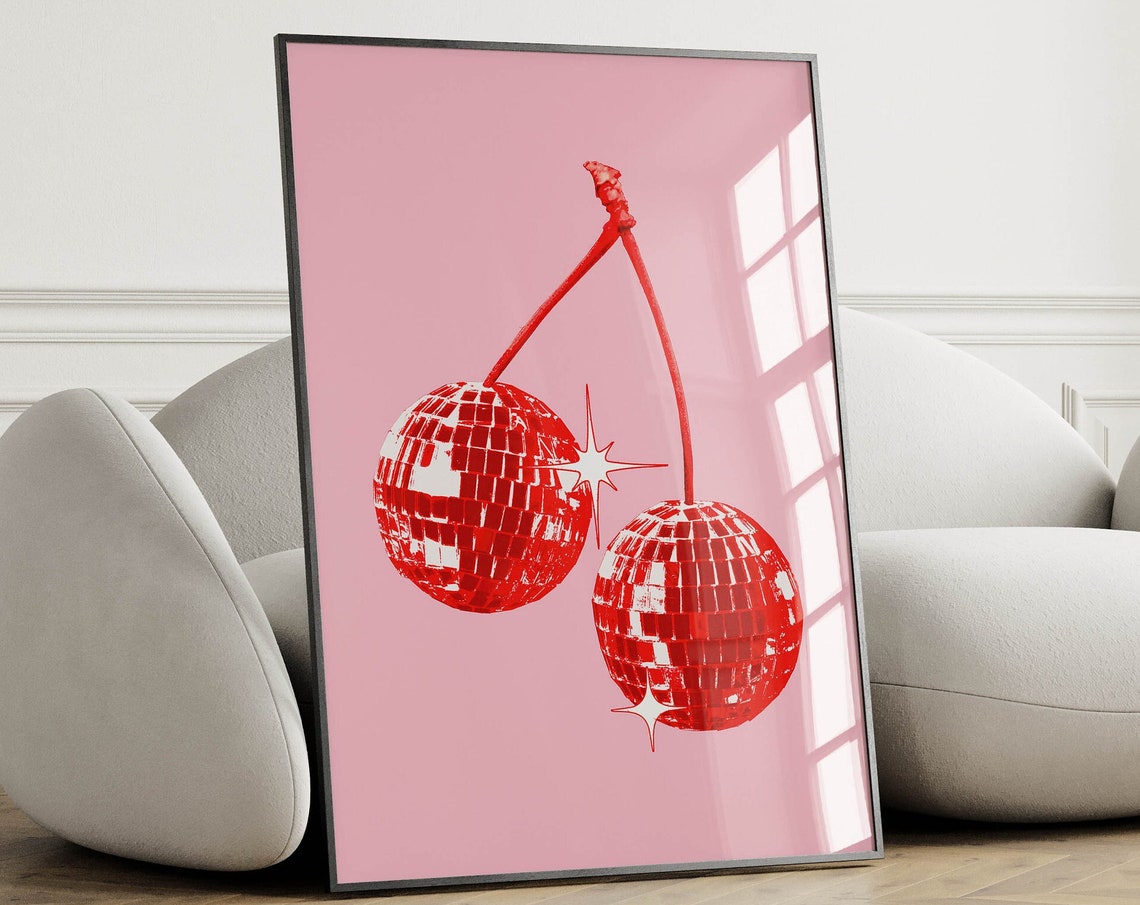 Red Disco Ball Cherries Pink Trendy Y2K Aesthetic Dance Poster