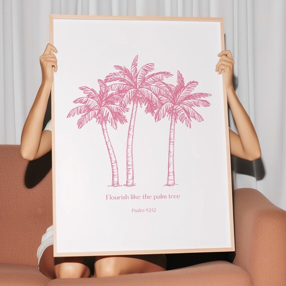 Pink Psalms Bible Verse Print Beachy Palm Tree Artwork Colorful Christian Wall Art Coastal Scripture Poster Modern Ocean Decor Girly Faith