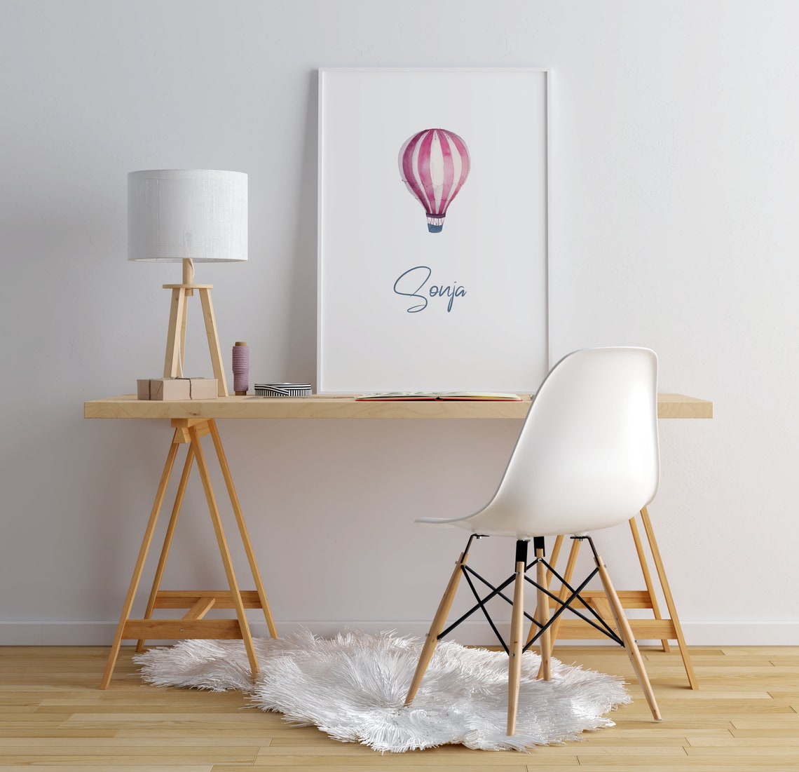 Personalized Pink Hot Air Balloon Name Watercolor Kids Poster - Image 2