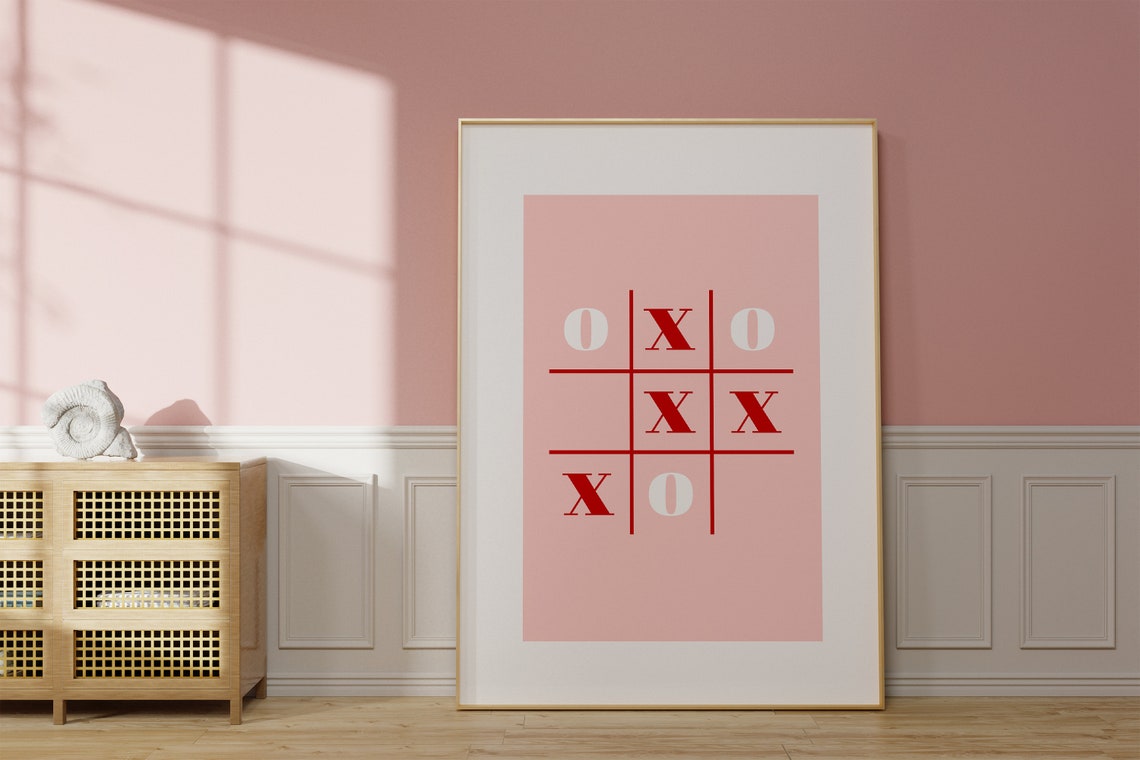 Playful Tic Tac Toe Game Grid XOXO Pink Red Minimalist Poster