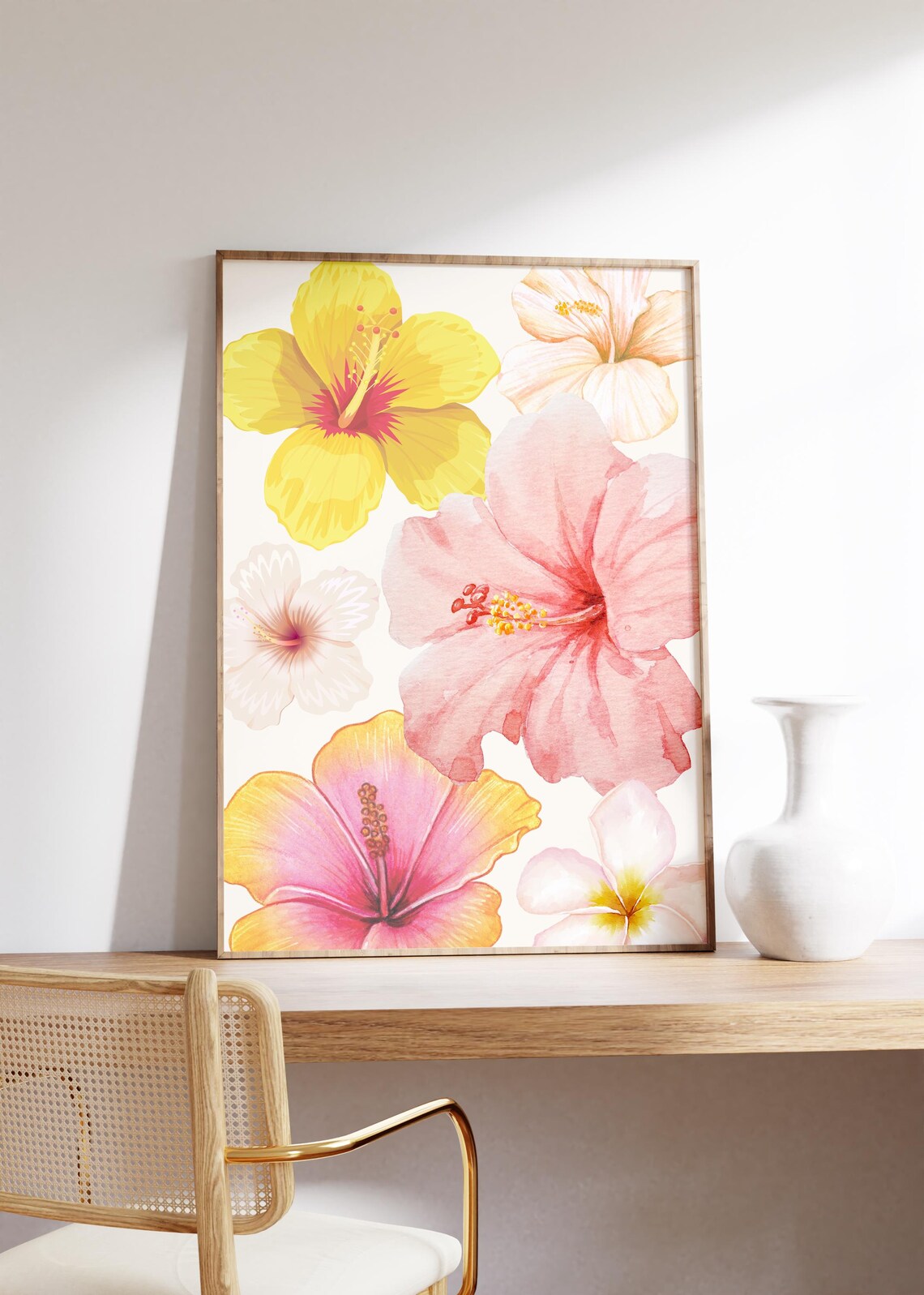 Hibiscus Watercolor Flowers Poster in Pink and Yellow Tones Art - Image 2