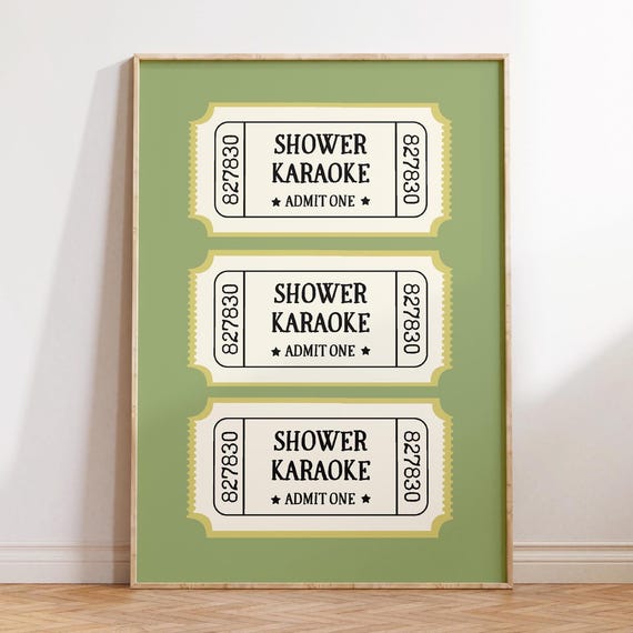 Shower Karaoke Ticket Print Bathroom Retro Pink Green Singing Funny Wall Art Vintage Trendy Home Decor