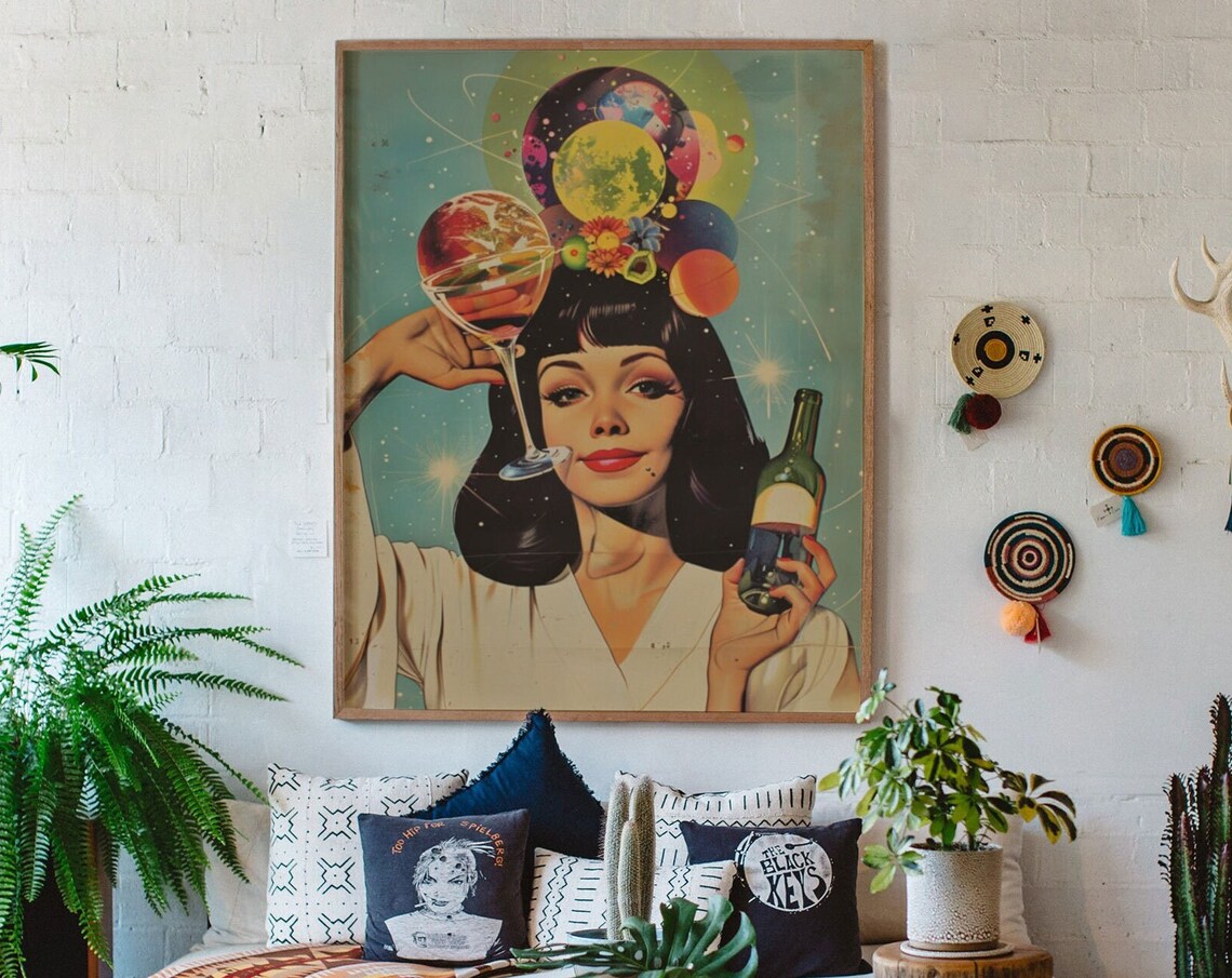 Cosmic Cocktail Woman Retro Futurism Planets Wine Art Poster - Image 9