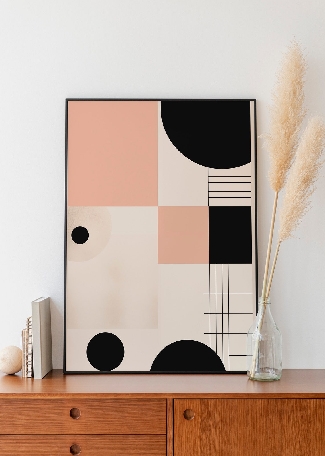 Blush Pink Black Geometric Grid Minimalist Boho Abstract Art Print